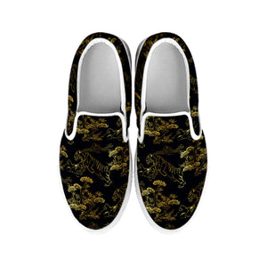 Black And Gold Japanese Tiger Print White Slip On Shoes