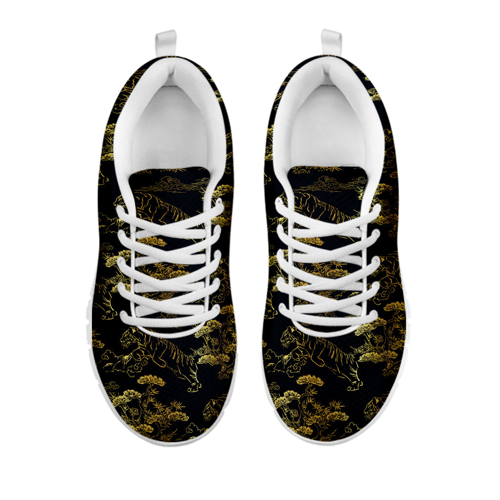 Black And Gold Japanese Tiger Print White Sneakers