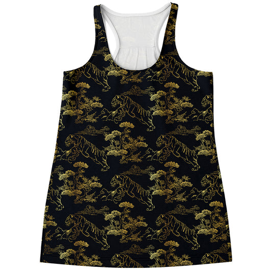 Black And Gold Japanese Tiger Print Women's Racerback Tank Top