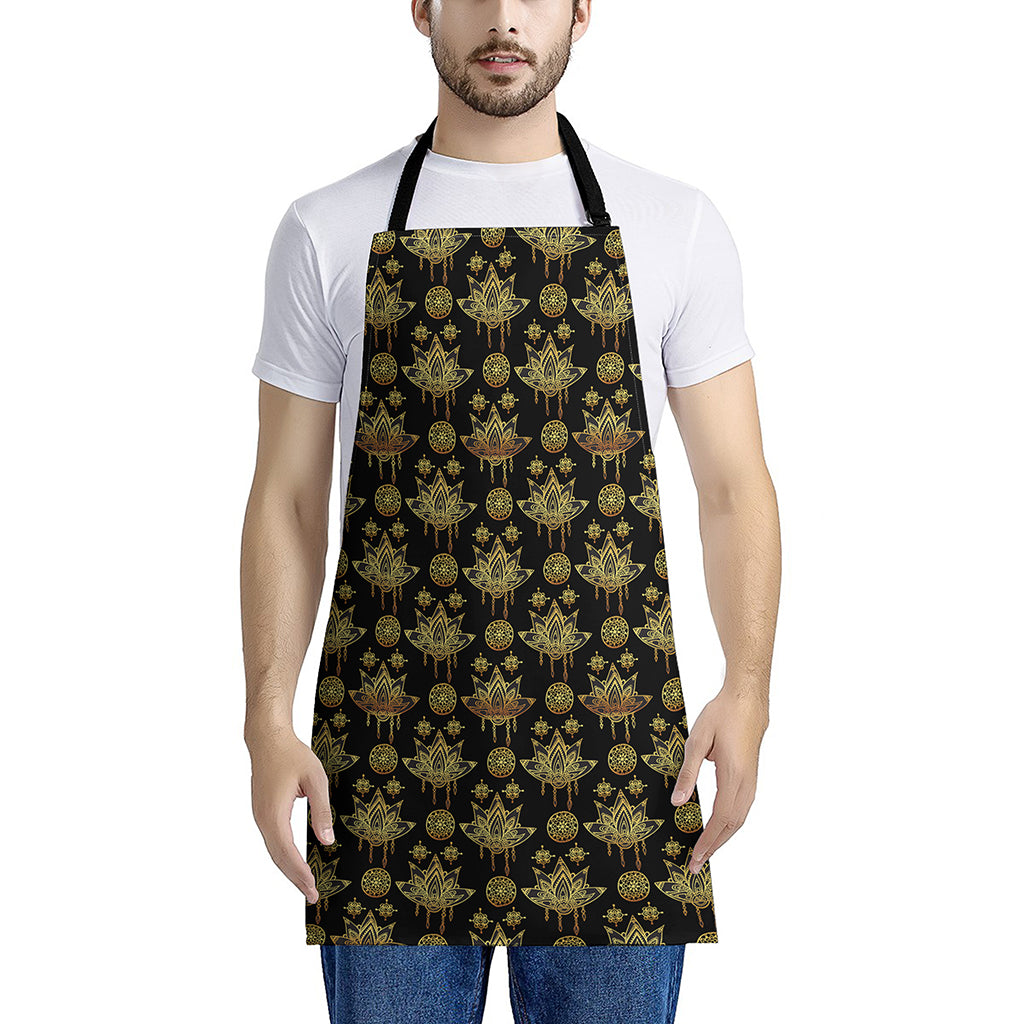 Black And Gold Lotus Flower Print Apron