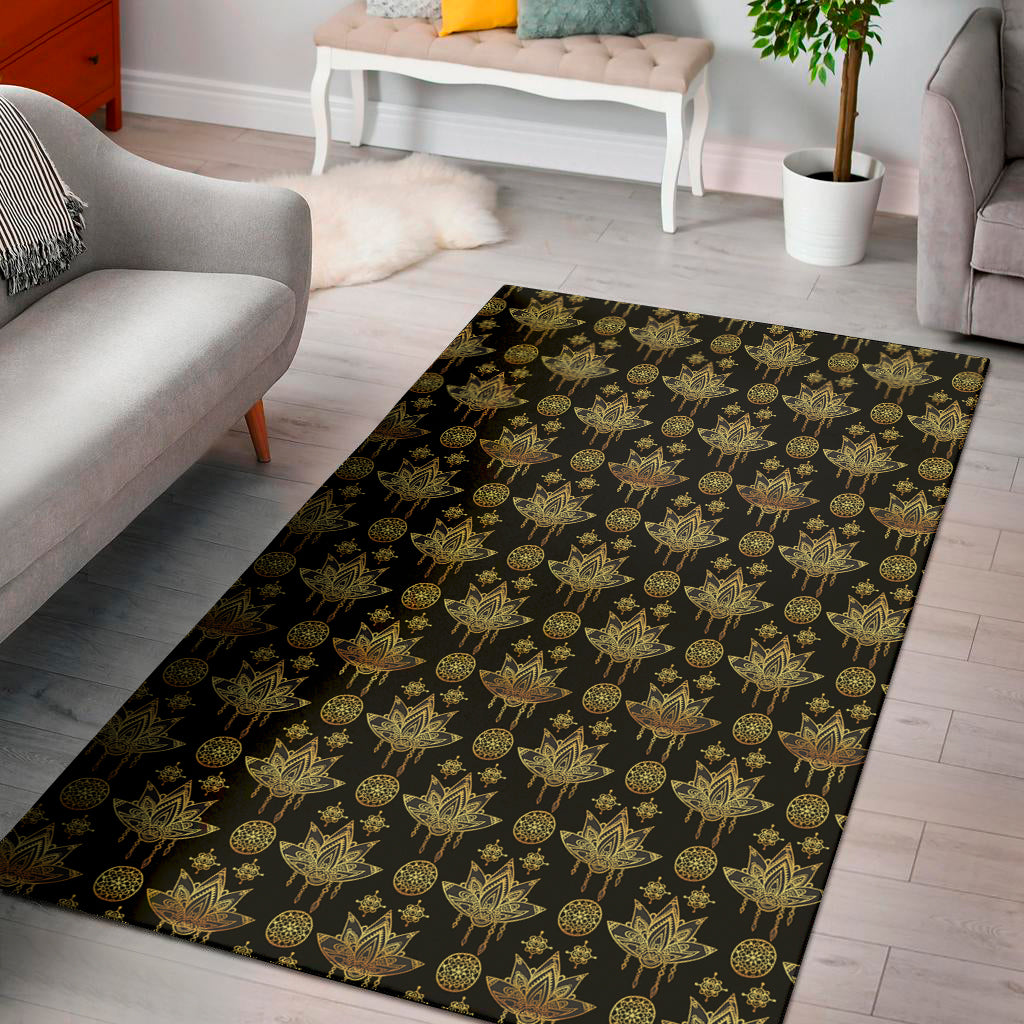 Black And Gold Lotus Flower Print Area Rug