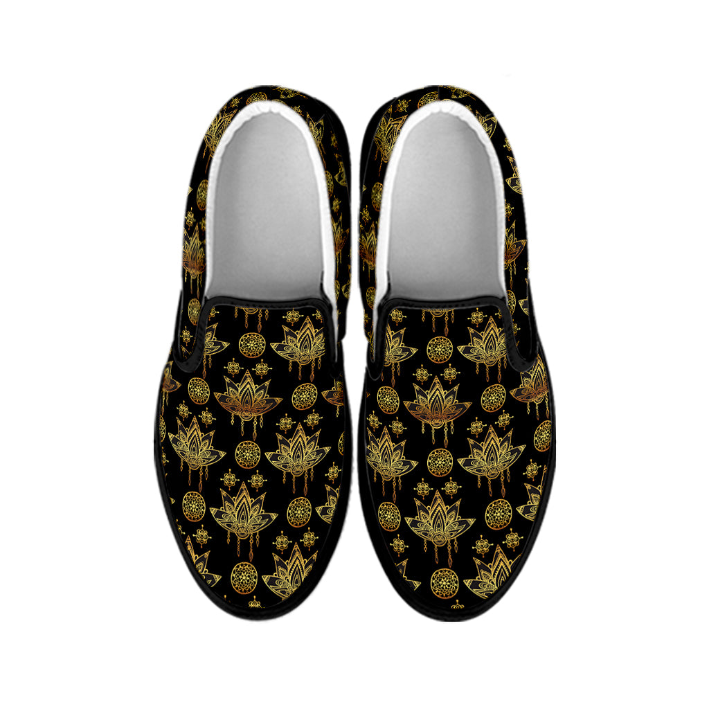 Black And Gold Lotus Flower Print Black Slip On Shoes