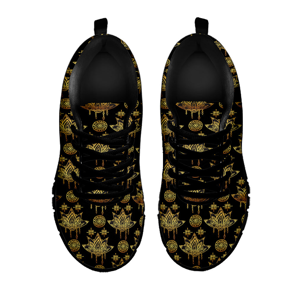 Black And Gold Lotus Flower Print Black Sneakers