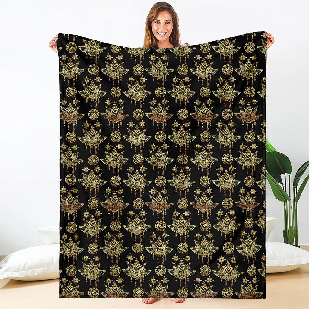 Black And Gold Lotus Flower Print Blanket