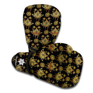 Black And Gold Lotus Flower Print Boxing Gloves