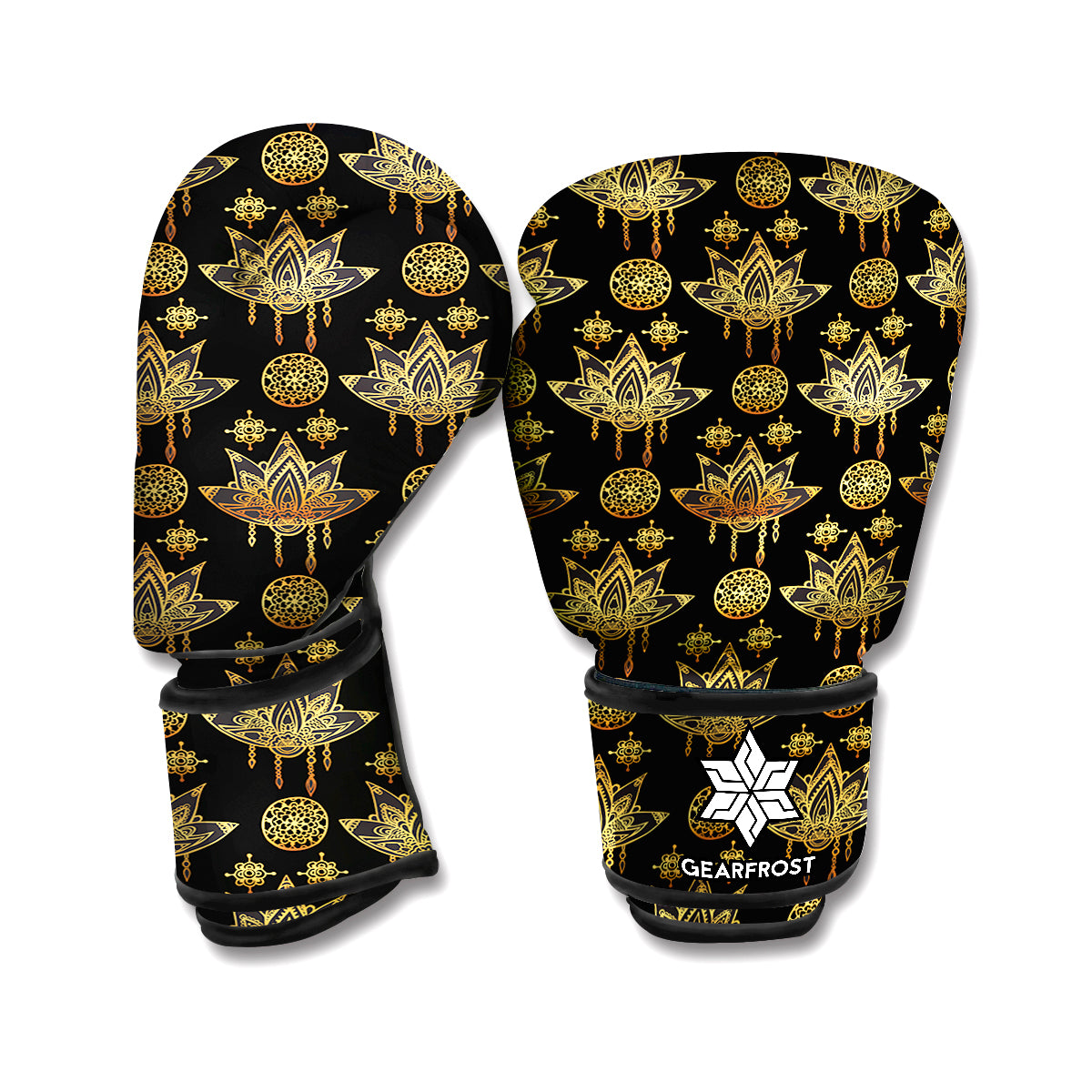 Black And Gold Lotus Flower Print Boxing Gloves