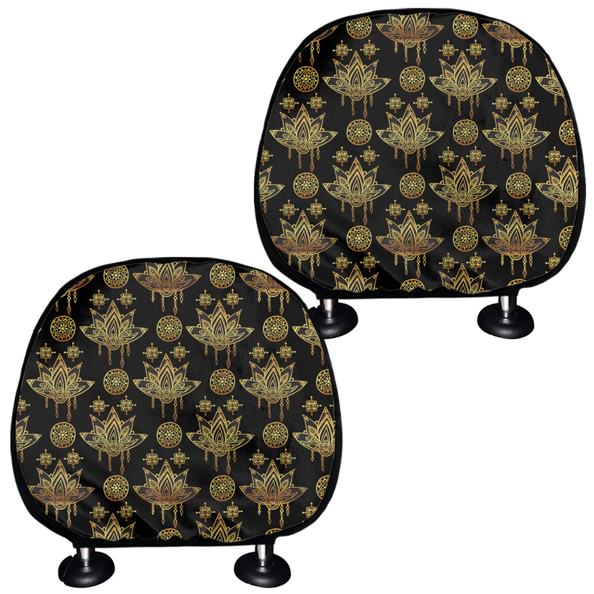 Black And Gold Lotus Flower Print Car Headrest Covers