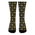 Black And Gold Lotus Flower Print Crew Socks