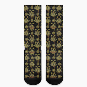 Black And Gold Lotus Flower Print Crew Socks