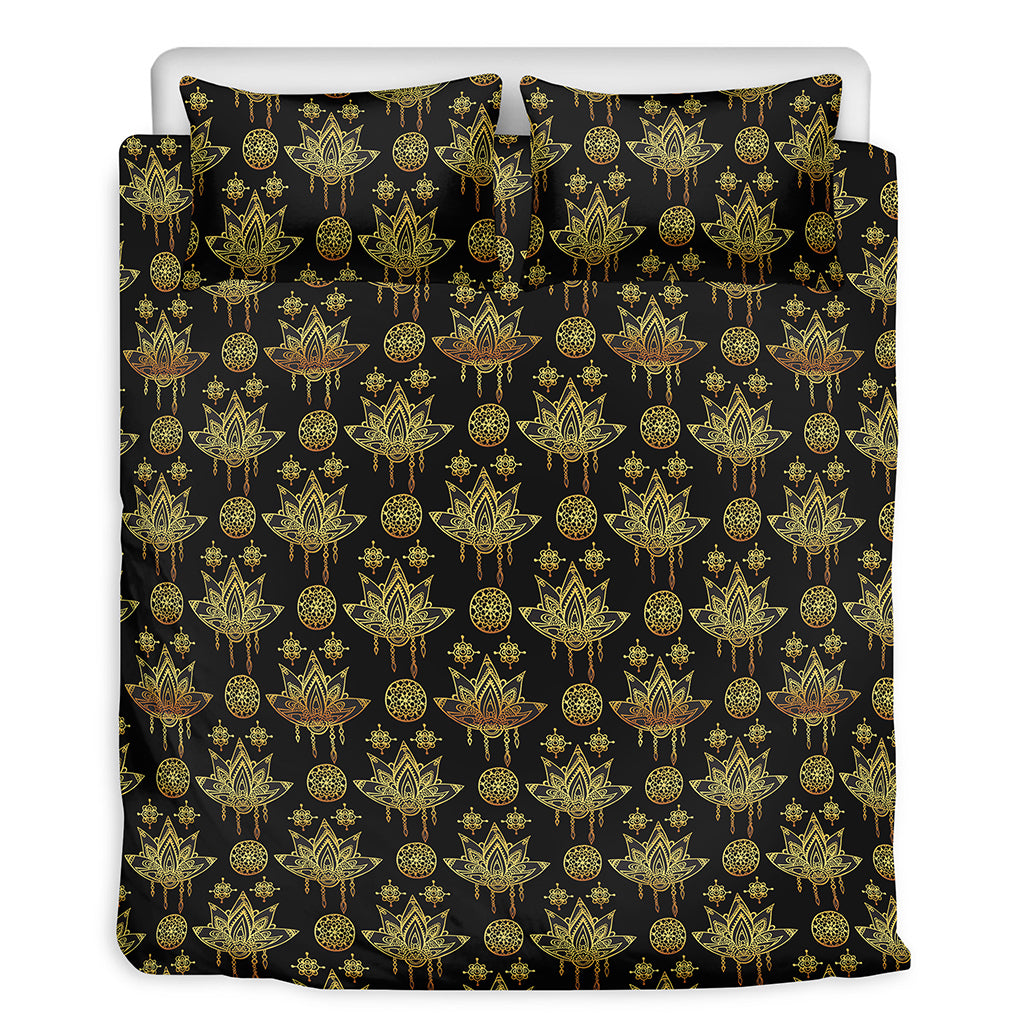 Black And Gold Lotus Flower Print Duvet Cover Bedding Set