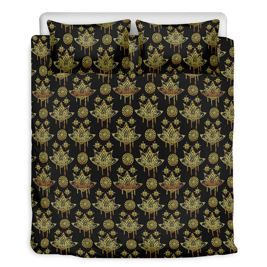 Black And Gold Lotus Flower Print Duvet Cover Bedding Set