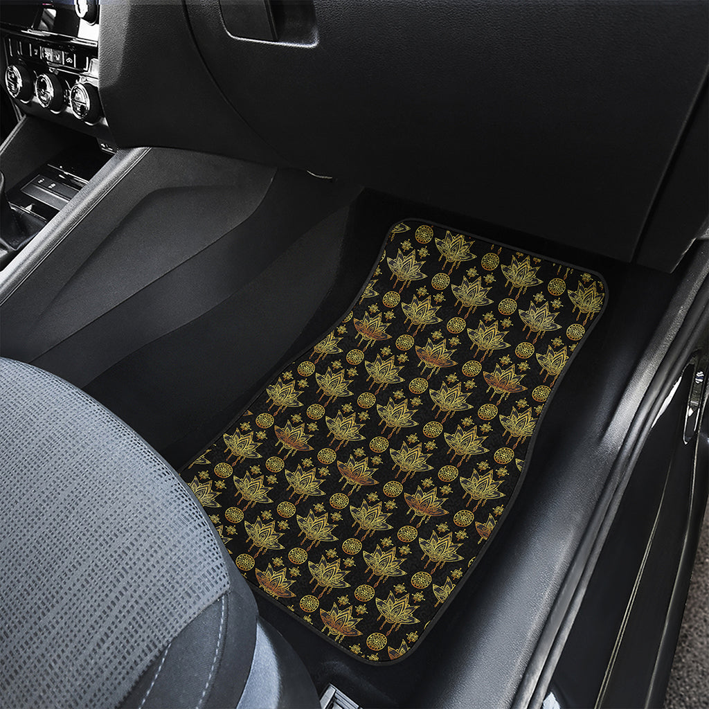 Black And Gold Lotus Flower Print Front and Back Car Floor Mats
