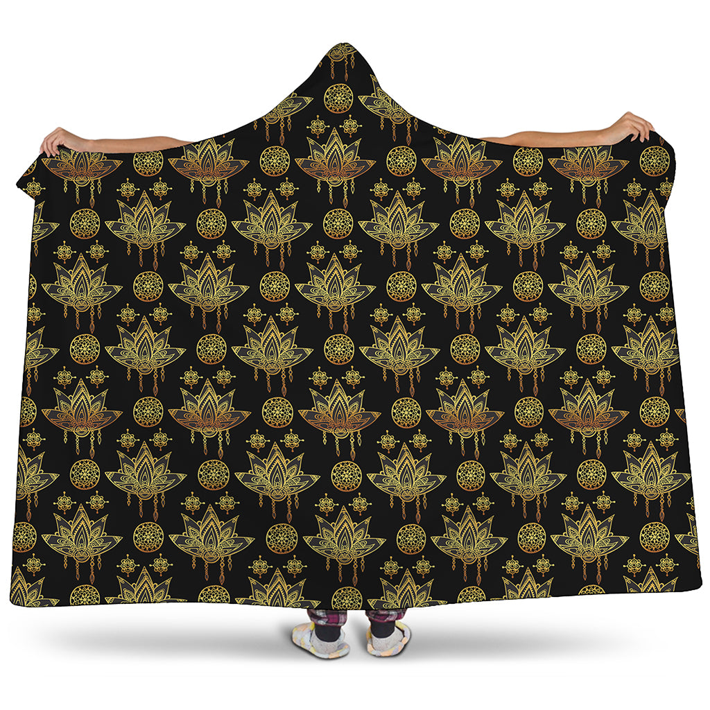 Black And Gold Lotus Flower Print Hooded Blanket