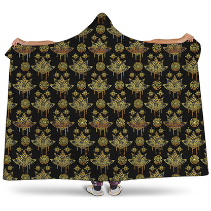 Black And Gold Lotus Flower Print Hooded Blanket