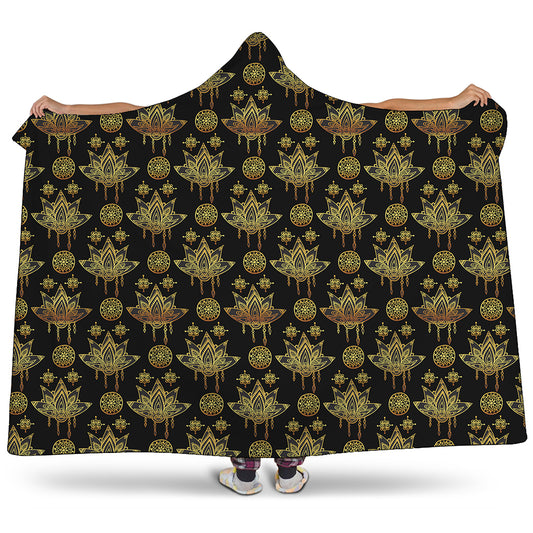 Black And Gold Lotus Flower Print Hooded Blanket