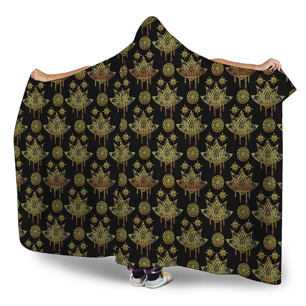 Black And Gold Lotus Flower Print Hooded Blanket