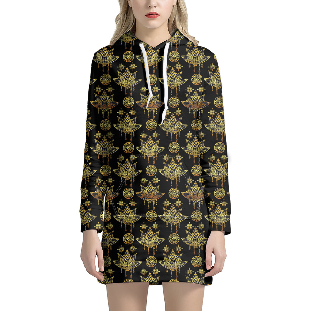 Black And Gold Lotus Flower Print Hoodie Dress