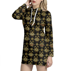 Black And Gold Lotus Flower Print Hoodie Dress