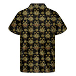 Black And Gold Lotus Flower Print Men's Short Sleeve Shirt