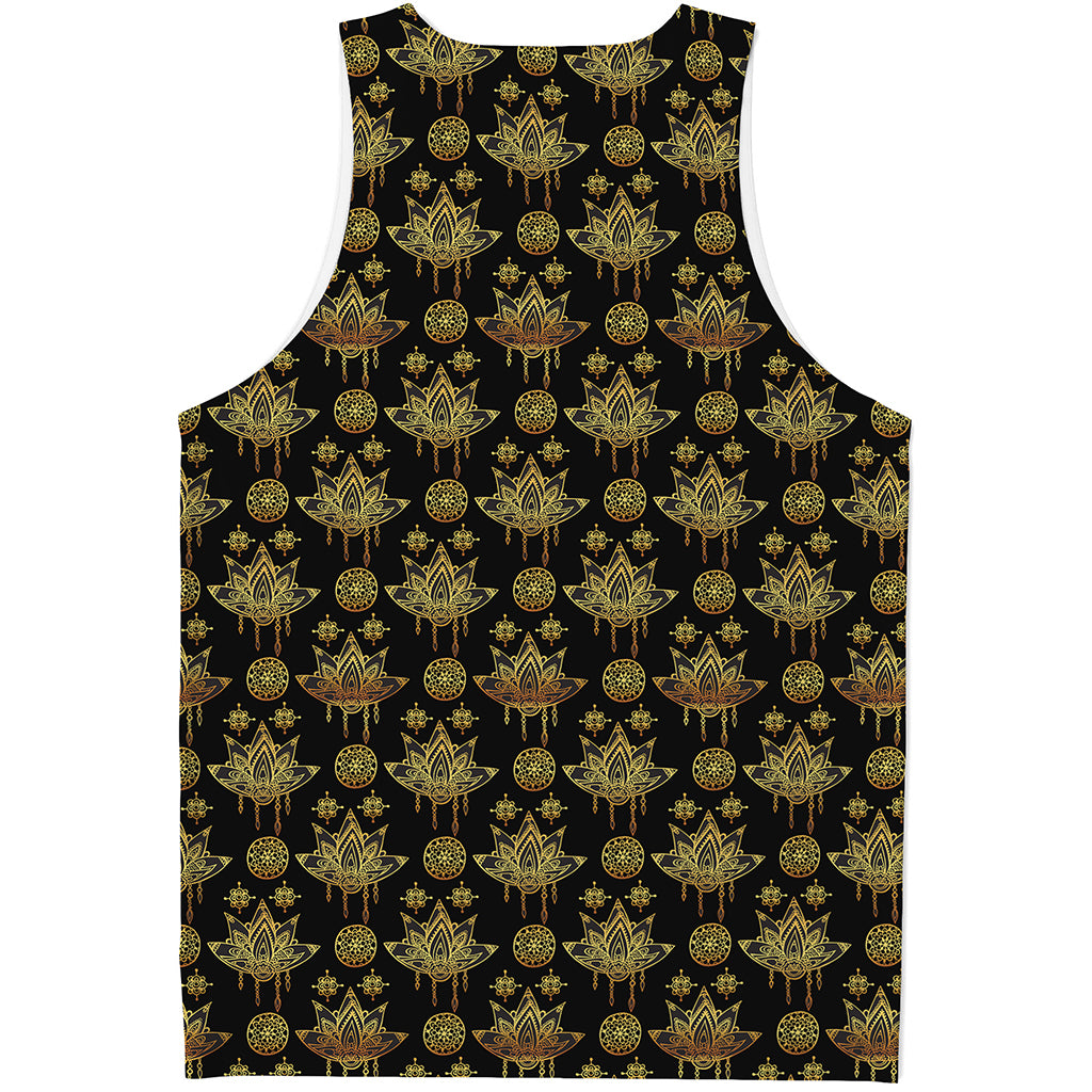 Black And Gold Lotus Flower Print Men's Tank Top