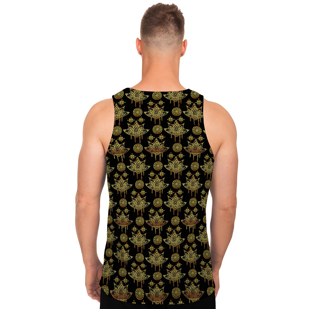 Black And Gold Lotus Flower Print Men's Tank Top