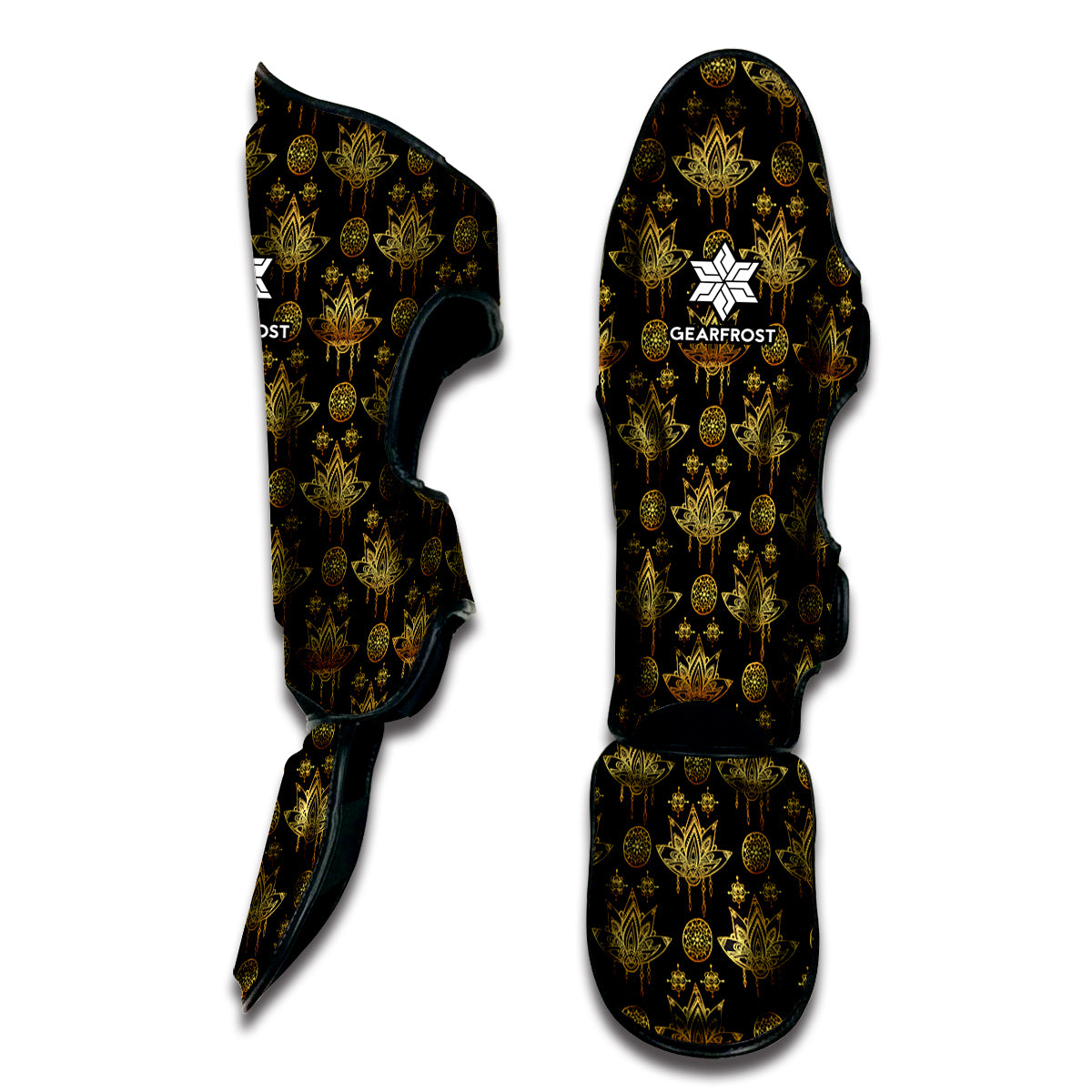 Black And Gold Lotus Flower Print Muay Thai Shin Guard