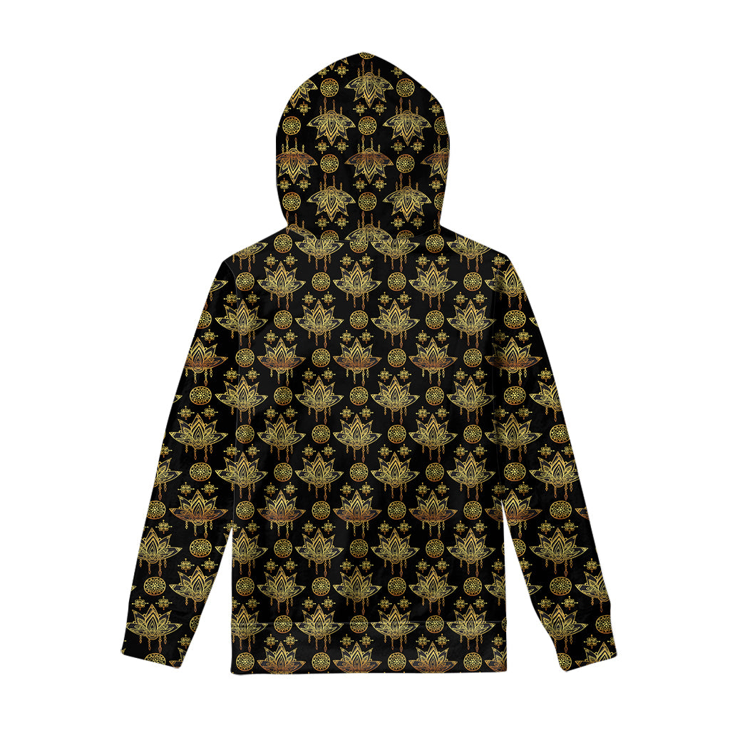 Black And Gold Lotus Flower Print Pullover Hoodie