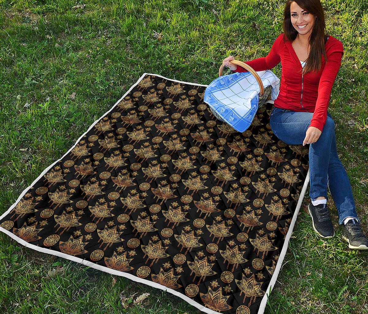 Black And Gold Lotus Flower Print Quilt