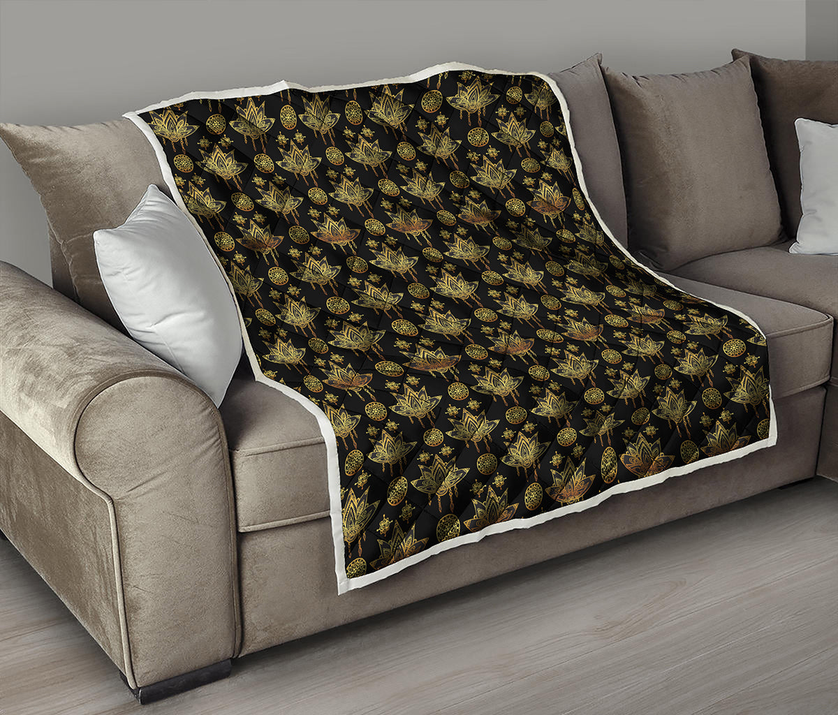 Black And Gold Lotus Flower Print Quilt