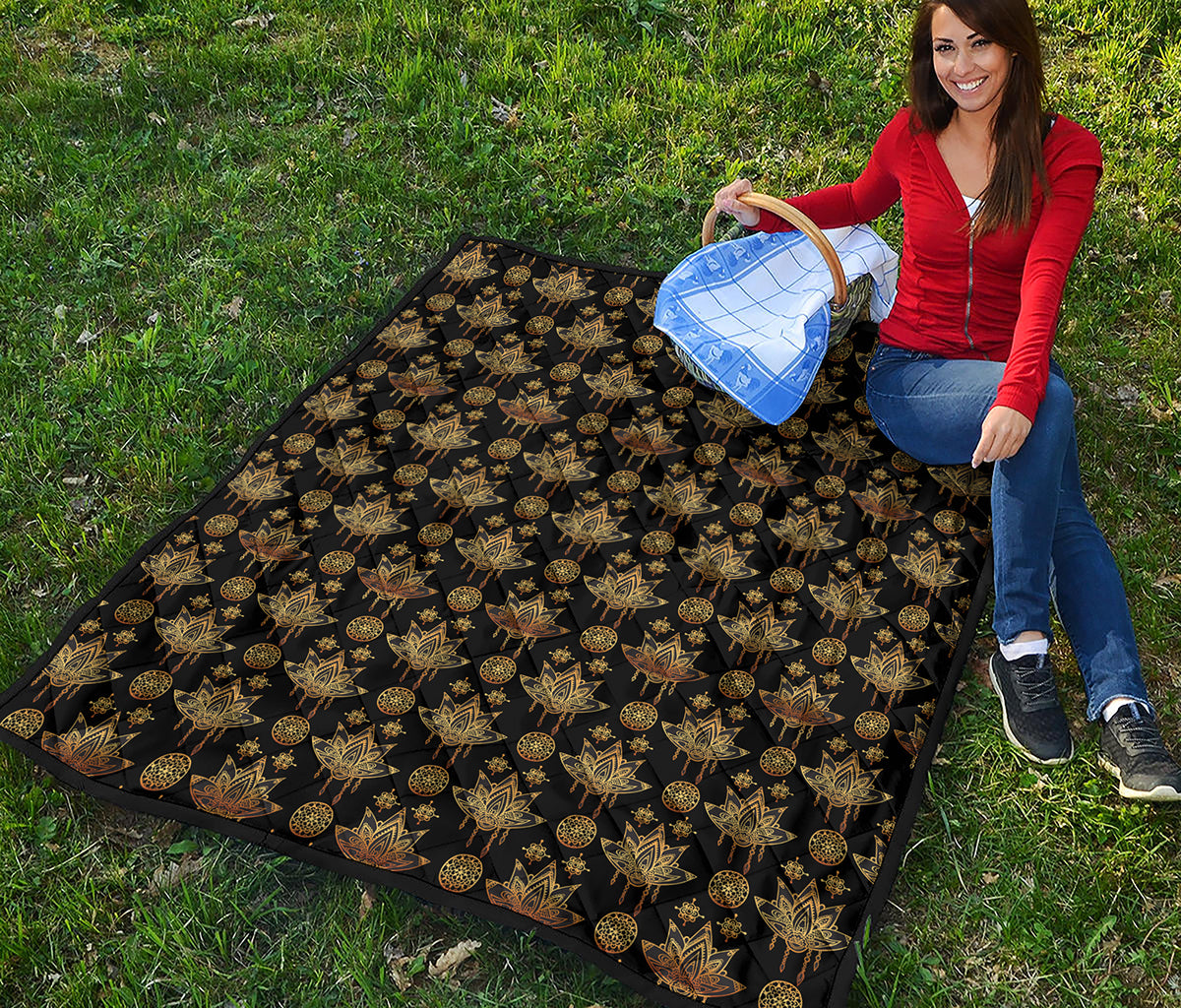 Black And Gold Lotus Flower Print Quilt