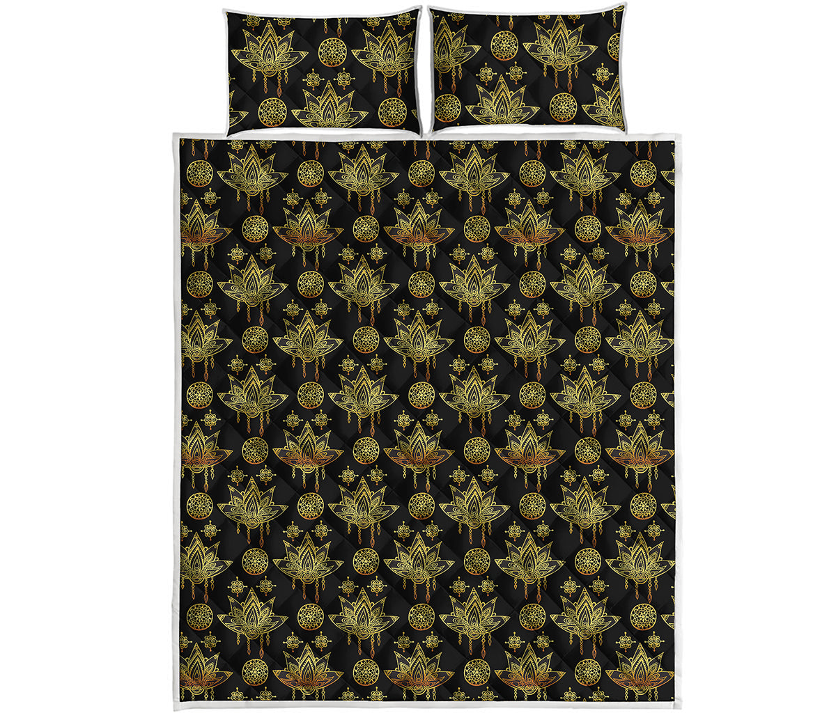 Black And Gold Lotus Flower Print Quilt Bed Set