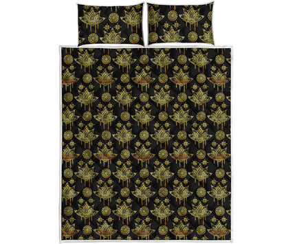 Black And Gold Lotus Flower Print Quilt Bed Set