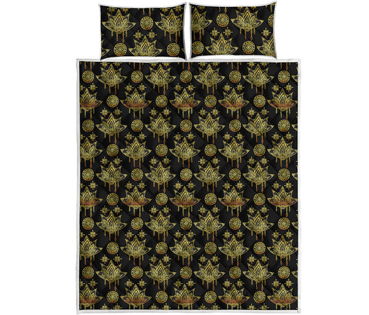 Black And Gold Lotus Flower Print Quilt Bed Set