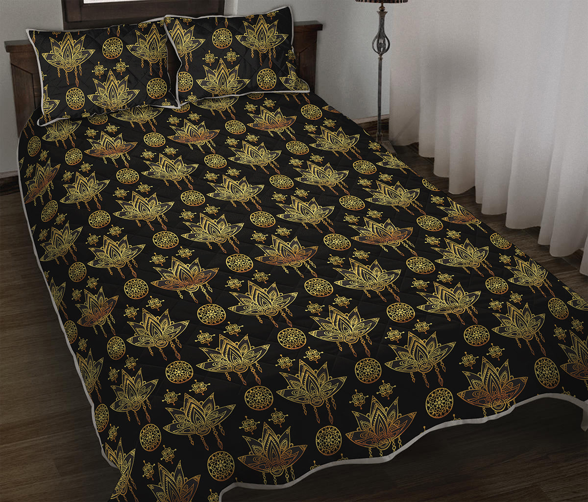 Black And Gold Lotus Flower Print Quilt Bed Set