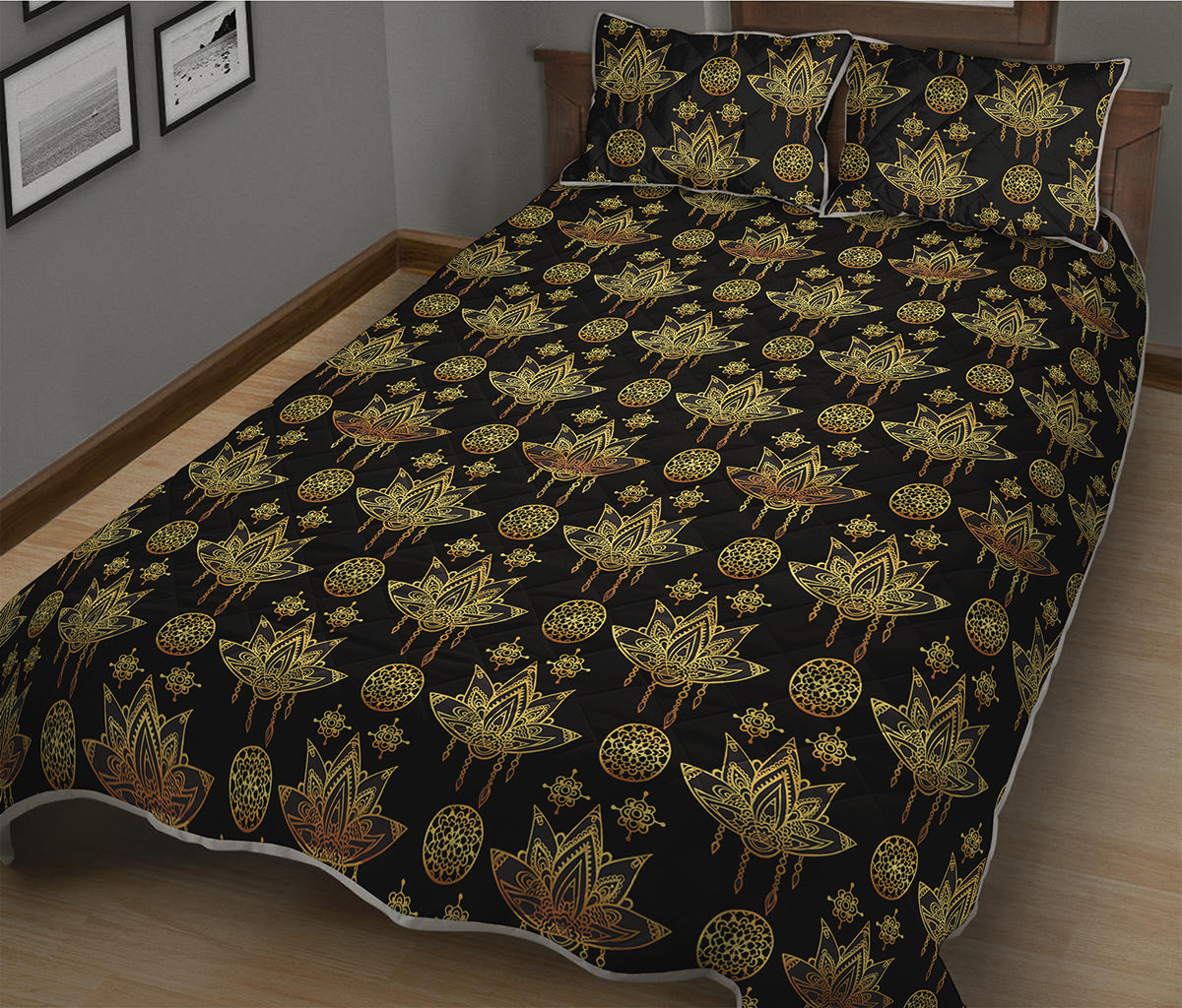 Black And Gold Lotus Flower Print Quilt Bed Set