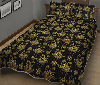 Black And Gold Lotus Flower Print Quilt Bed Set