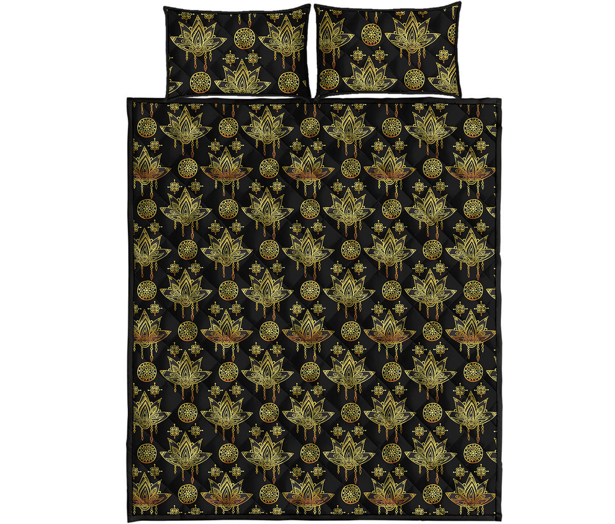Black And Gold Lotus Flower Print Quilt Bed Set