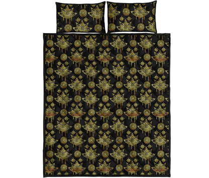 Black And Gold Lotus Flower Print Quilt Bed Set
