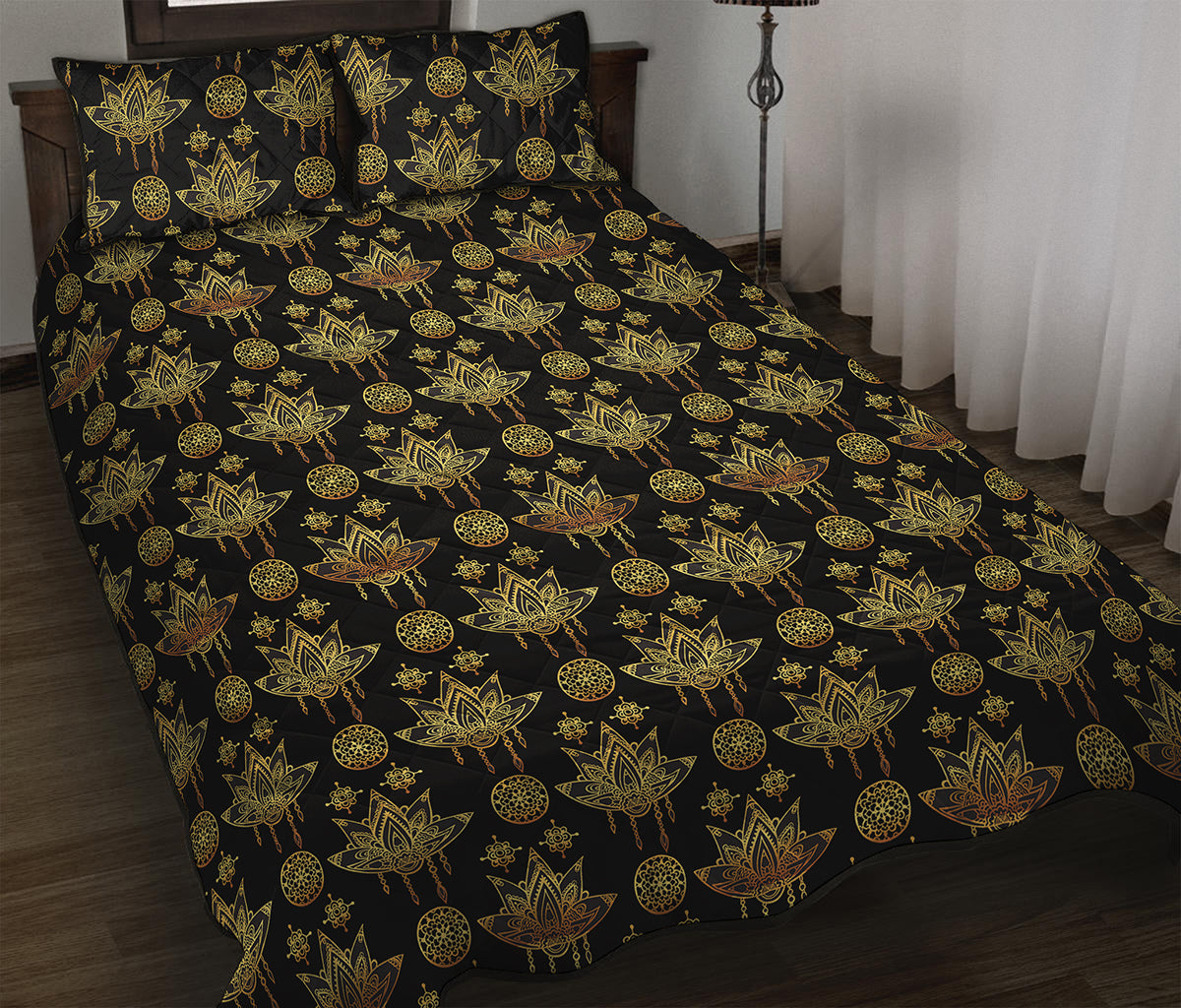 Black And Gold Lotus Flower Print Quilt Bed Set