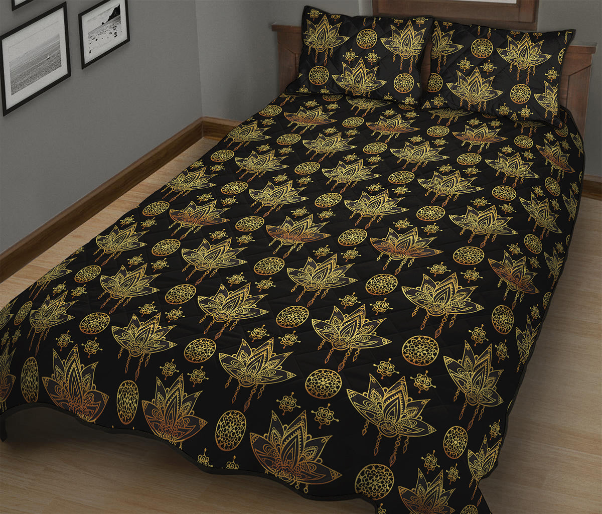 Black And Gold Lotus Flower Print Quilt Bed Set