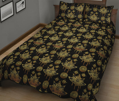 Black And Gold Lotus Flower Print Quilt Bed Set