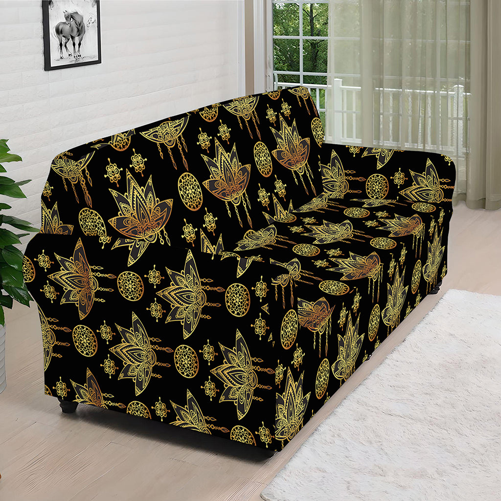 Black And Gold Lotus Flower Print Sofa Cover