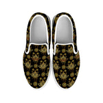 Black And Gold Lotus Flower Print White Slip On Shoes