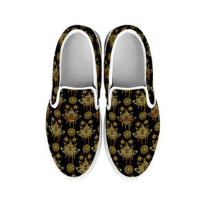 Black And Gold Lotus Flower Print White Slip On Shoes