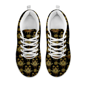 Black And Gold Lotus Flower Print White Sneakers