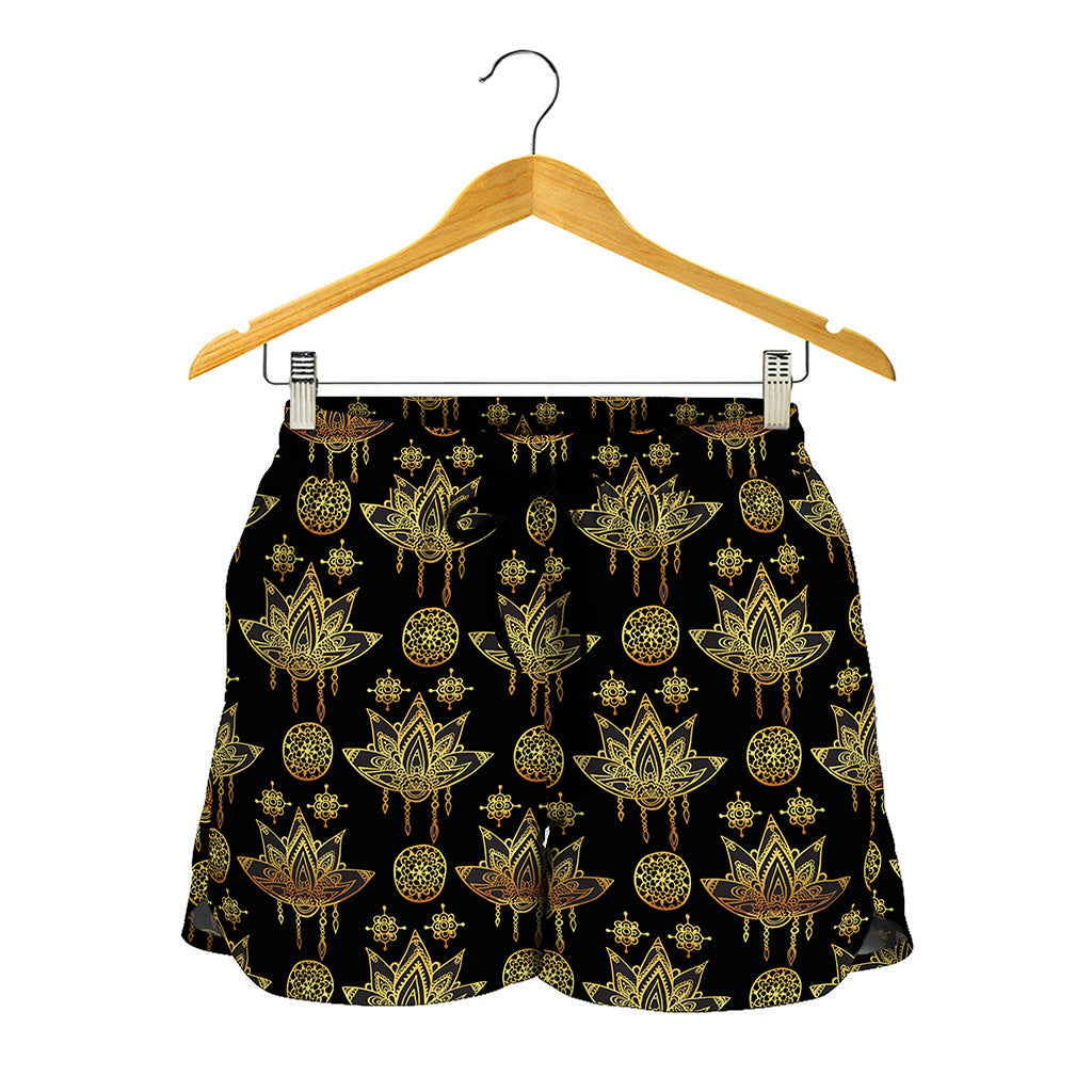 Black And Gold Lotus Flower Print Women's Shorts