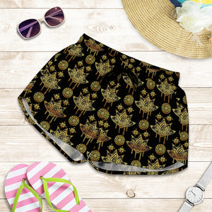 Black And Gold Lotus Flower Print Women's Shorts