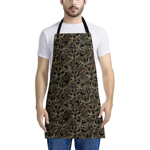 Black And Gold Lotus Pattern Print Apron