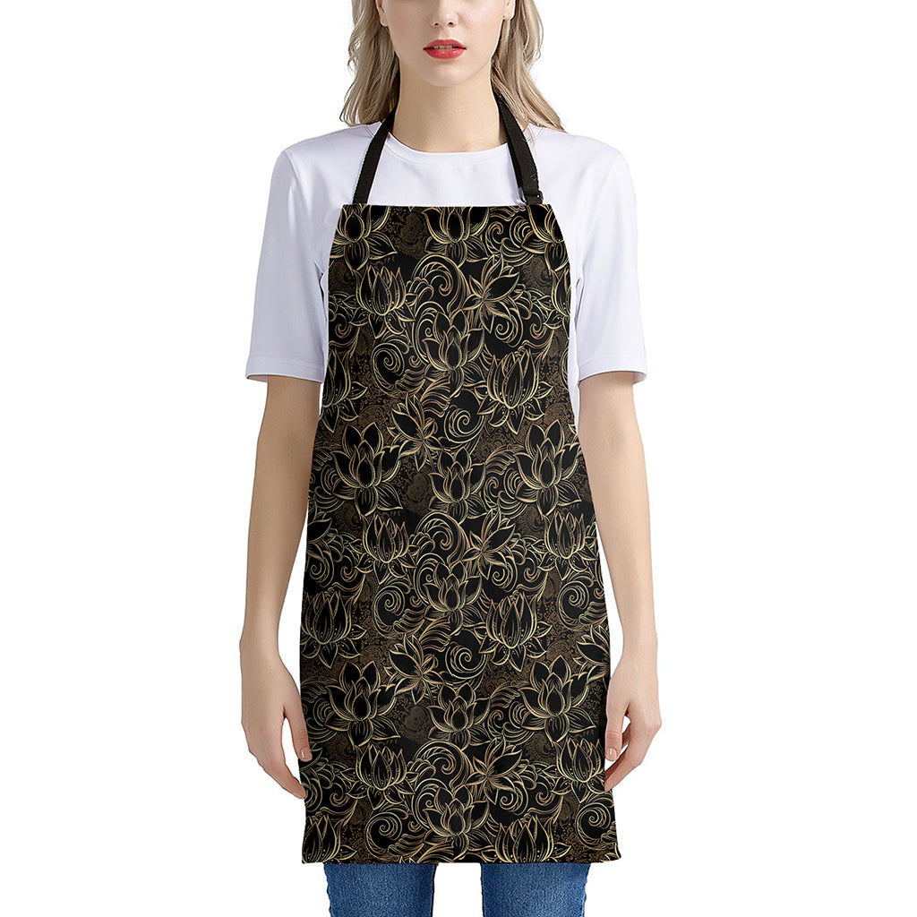 Black And Gold Lotus Pattern Print Apron