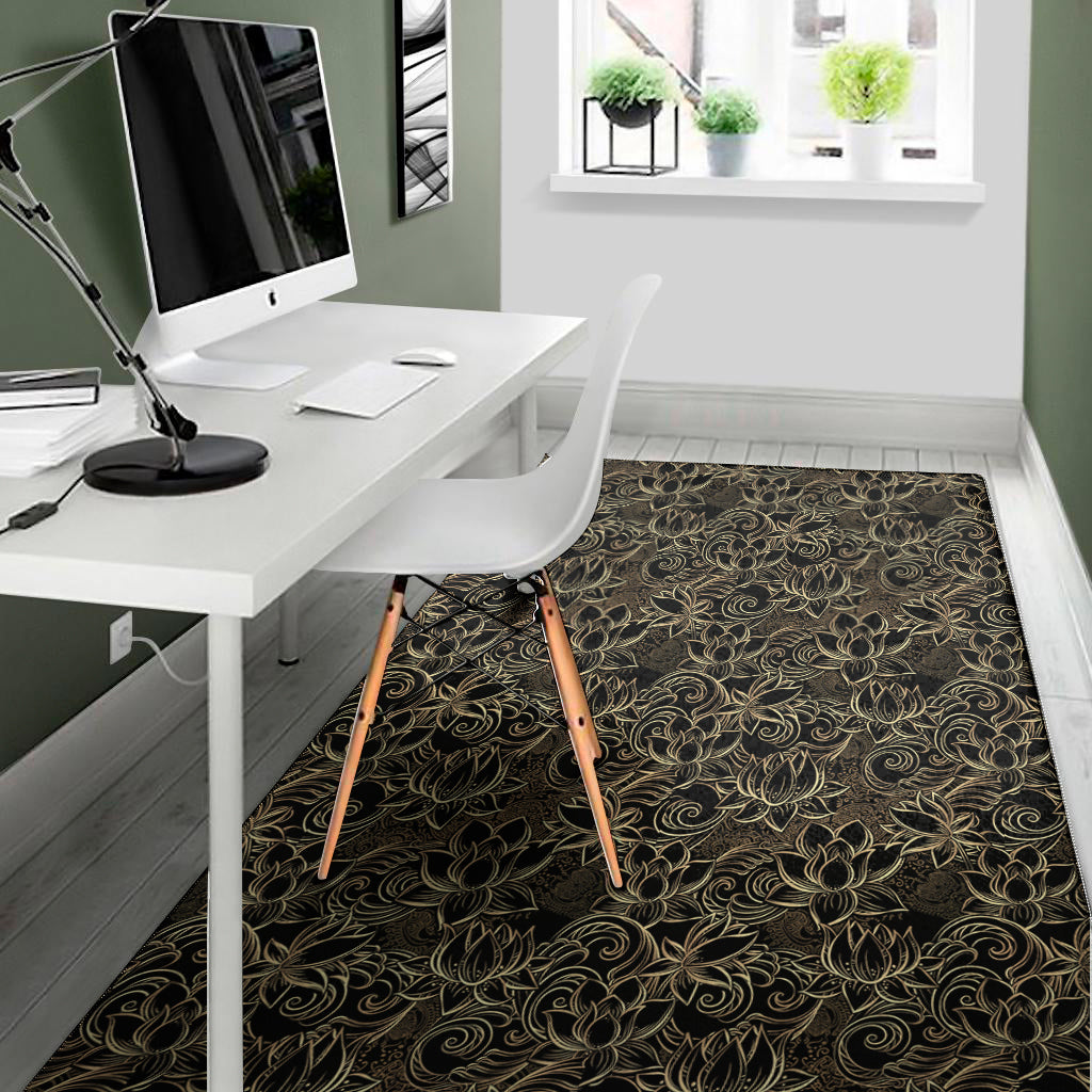 Black And Gold Lotus Pattern Print Area Rug